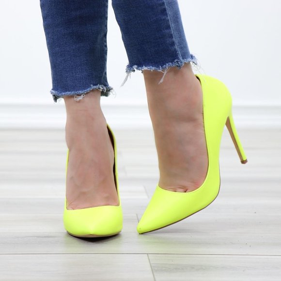 Neon Yellow Faux Leather Pointy Toe High Heels - Picture 9 of 14